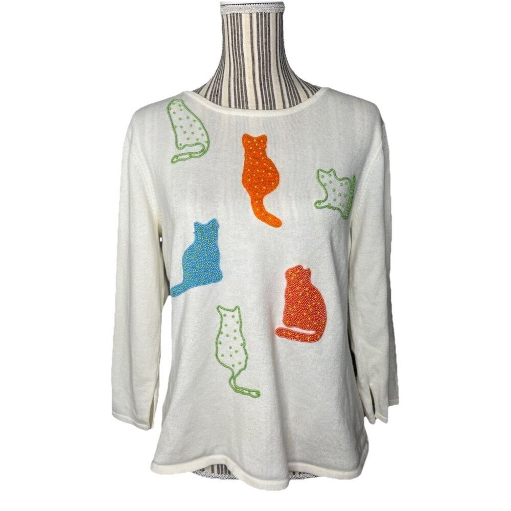 Vintage Susan Bristol Hand Embroidered Cat Knit Pullover Crewneck Sweater LARGE